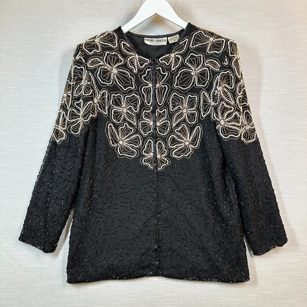 VINTAGE Night Vogue Beaded Jacket‎ Medium Womans Silk Top Flower 80s
